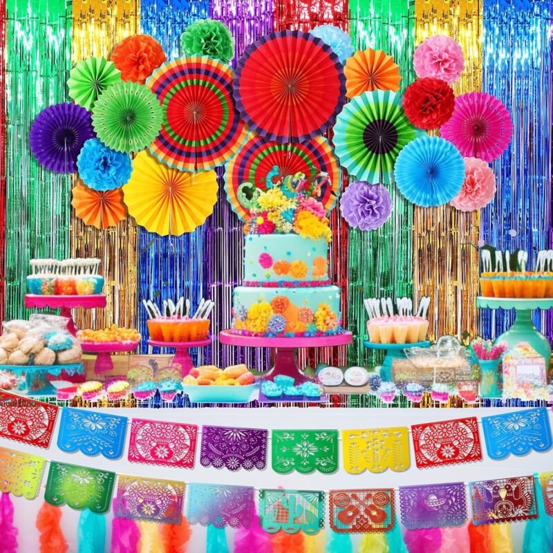TaoBary 22 Pcs Mexican Party Decorations Set Mexican Banners Paper Flowers Fans Foil Fringe Curtains Backdrop Paper Pom Pom Fiesta Party Decorations for Cinco De Mayo Day of the Dead Decor - Image 4