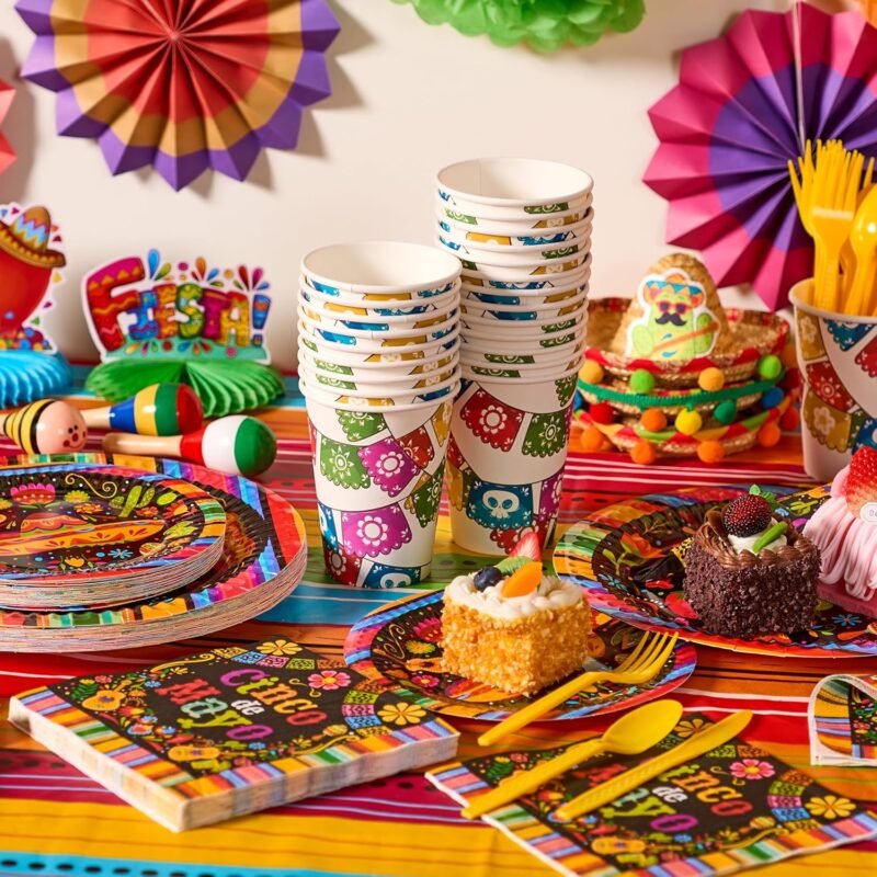 JOYIN 168 Pcs Fiesta Party Decorations, Mexican Theme Paper Plates and Napkins Set for 24 Guests, Cinco De Mayo Colorful Mexico Platters Tableware Set, Mayo Dance Pinata Taco Colorful Theme Party - Image 3