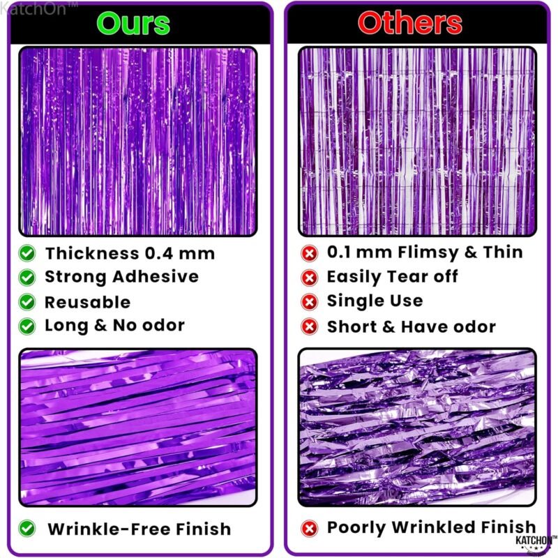KatchOn XtraLarge Purple Backdrop Curtain - 3.2x8 Feet, Pack of 2 | Party Decorations | Metallic Foil Fringe for Streamers | Halloween Decorations - Image 4