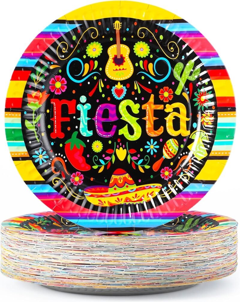 JOYIN 72 Pcs Mexican Fiesta Paper Plates 9” set for Cinco De Mayo Disposable Fiesta Party Decorations Mexican Colorful Floral Platters Tableware Set, Pinata Mexico Taco Dinner Dance Party Supplies