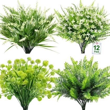TURNMEON 12 Bundles 4 Styles Fake Plants Artificial Plants Outdoor Spring Summer Decor, Fake Flowers UV Resistant Boston Fern Lavender Faux Plastic Plant Greenery Shrubs Outside Gardens Home (Mixed)
