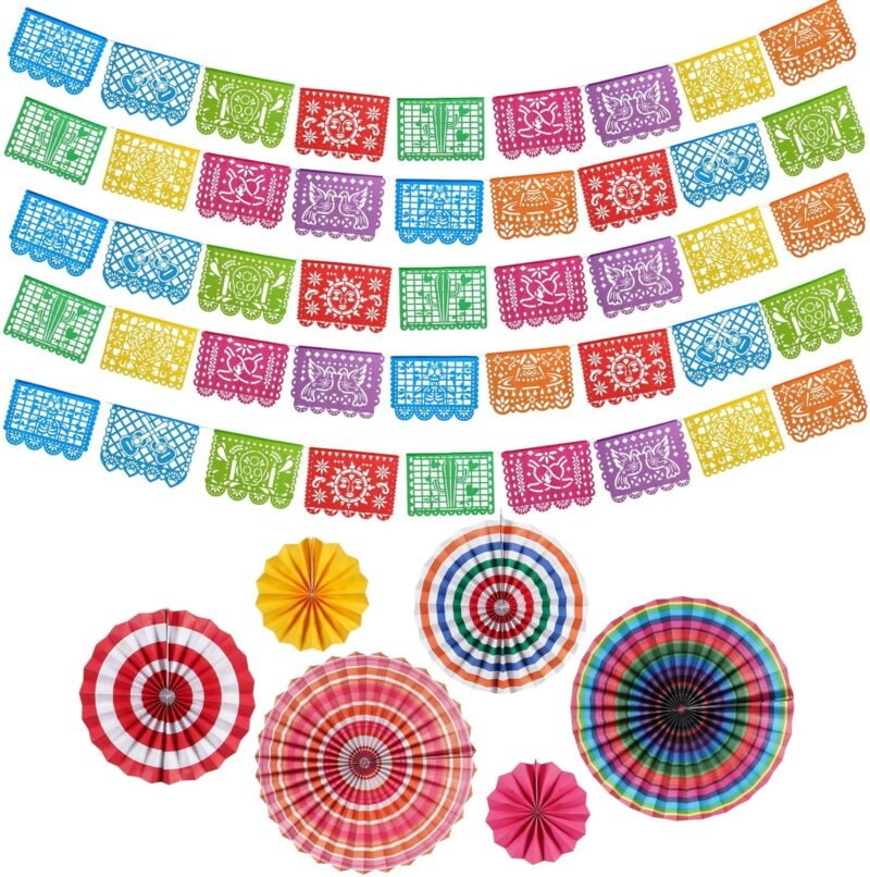 11Pcs Cinco de Mayo Decorations,Mexican Party Decorations, 90 Feet Papel Pacido,Fiesta Party Decoration Mexican Party Banner with 6 Pcs Fiesta Paper Fan,Papel Picado Banner for Mexican Carnivals Birthday