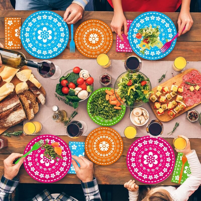 96 Pcs Fiesta Party Plates, Mexican Cinco De Mayo Party Decorations Supplies Mexican Papel Picado Disposable Paper Plates Napkins for Taco Carnival Birthday Baby Shower Tableware, Serves 24 - Image 7