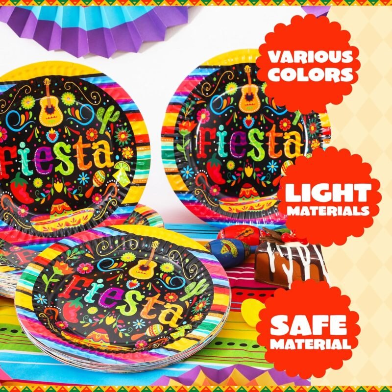 JOYIN 72 Pcs Mexican Fiesta Paper Plates 9” set for Cinco De Mayo Disposable Fiesta Party Decorations Mexican Colorful Floral Platters Tableware Set, Pinata Mexico Taco Dinner Dance Party Supplies - Image 3