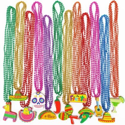 36PCS Cinco de Mayo Party Favors, Fiesta Bead Necklace Decorations, 12 Kinds of Metallic Fiesta Mexican Necklace Party Supplies, Fiesta Cactus Pinata Maracas Accessories for Cinco de Mayo Party Favors