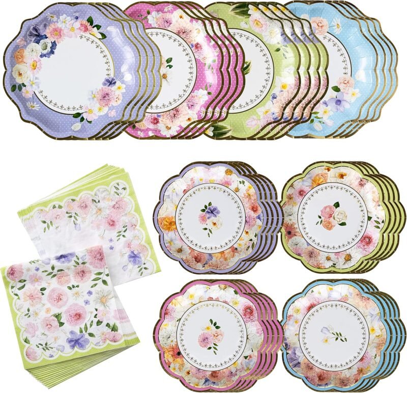 Kate Aspen Tea Party Decorations Tableware Set (62 Pc, 16 Guests), Colorful Pastel Party Supplies for Bridal Showers, Baby Shower, Garden Party, Birthdays