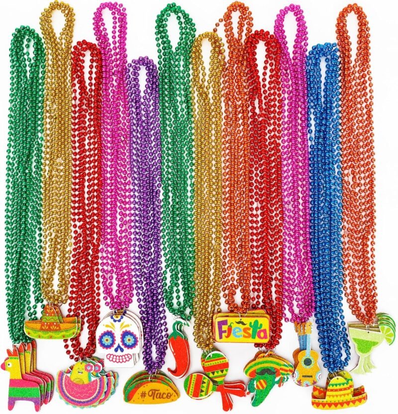 24PCS Cinco de Mayo Necklace Party Favor, Fiesta Bead Necklace Decorations,Metallic Mexican Party Decor Necklace, Fiesta Cactus Pinata Maracas Accessories for Cinco de Mayo Party Favors