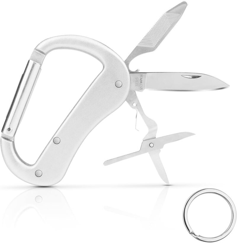 Multitool Carabiner with Pocket Knife, Bottle Opener,Nail file,Small Scissors,EDC Carabiners Keychain with Folding Knives,Auxiliary Tools for Camping,Hiking,Outdoor Activities(Silver)