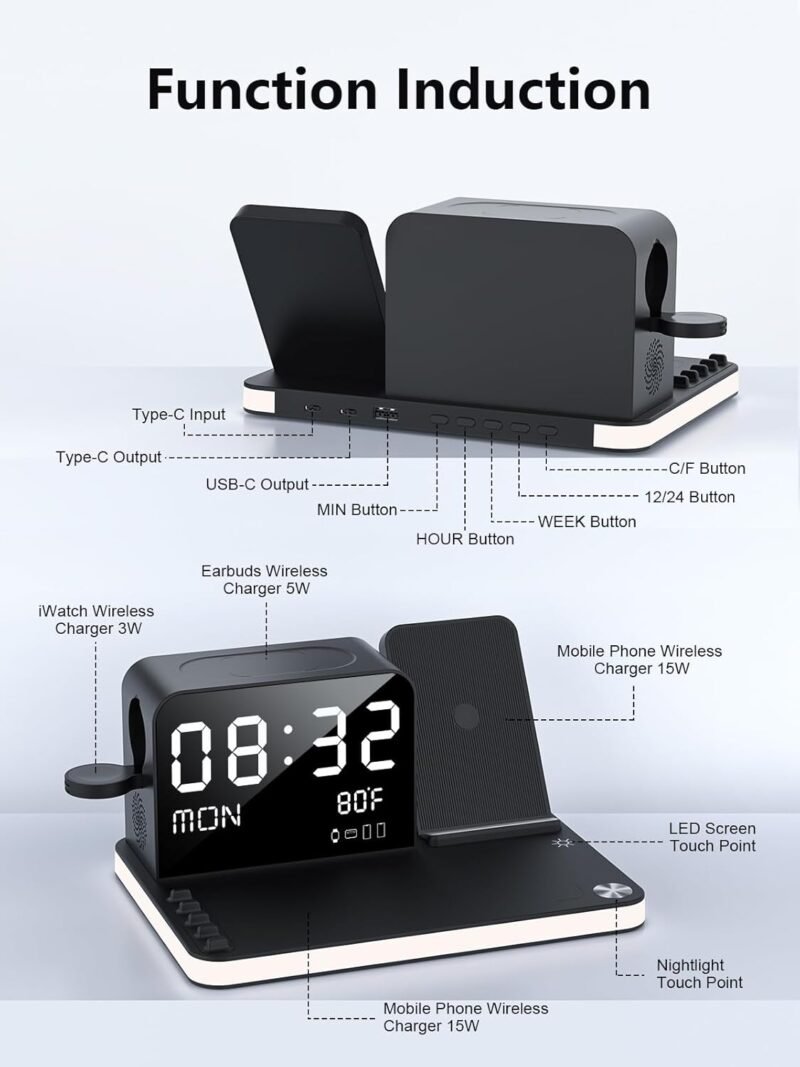 7 in 1 Wireless Charging Station for Apple Device Wireless Charger with Night Light Bluetooth TimeSync Temperature 33W Fast Charger for iPhone 16/15/14/13/12 Pro Max Android Phone Airpods Apple Watch - Image 8