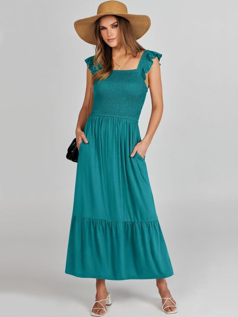 ANRABESS Womens Square Neck Maxi Dress Ruffle Sleeveless Smocked Casual Summer Beach Sundress with Pockets - Image 5