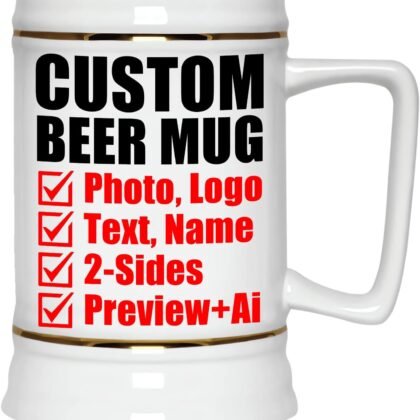 Personalized Beer Mug - Custom Beer Stein with Picture Text - Customized Photo Name Logo Mugs - 22oz Ceramic Freezer Cup with Handle - Fathers Day Anniversary Birthday Gifts for Men Him Dad Boyfriend