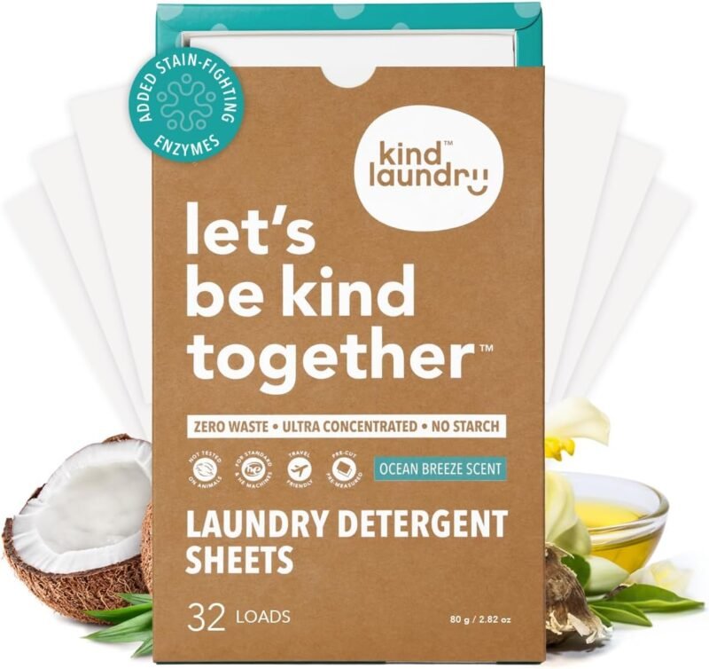 Kind Laundry Detergent Sheets with Stain-Fighting Enzymes - Plant Powered Eco-Friendly Laundry Soap Sheets - Home or Travel Laundry Detergent - Ocean Breeze, 32 Loads (Mom's Choice Award Winner)