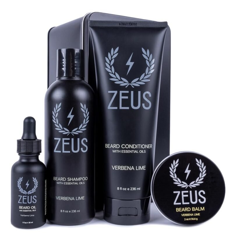 ZEUS Everyday Beard Kit with Tin Gift Box – Beard Wash Shampoo & Conditioner, Natural Beard Oil, Beard Balm & Tin Box (Verbena Lime)