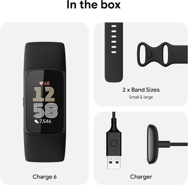 Fitbit Charge 6 Fitness Tracker with Google apps, Heart Rate on Exercise Equipment, 6-Months Premium Membership Included, GPS, Health Tools and More, Obsidian/Black, One Size (S & L Bands Included) - Image 8
