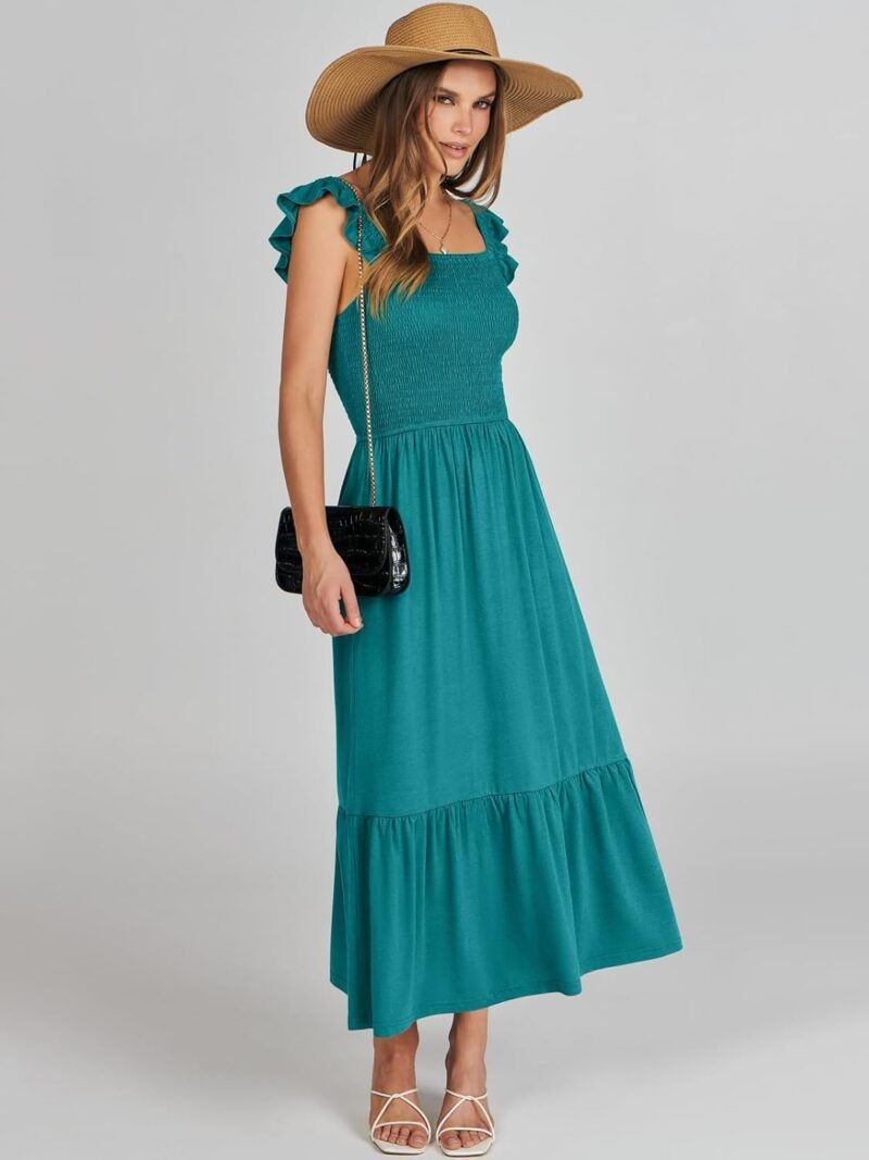 ANRABESS Womens Square Neck Maxi Dress Ruffle Sleeveless Smocked Casual Summer Beach Sundress with Pockets - Image 2