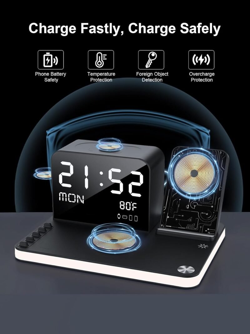 7 in 1 Wireless Charging Station for Apple Device Wireless Charger with Night Light Bluetooth TimeSync Temperature 33W Fast Charger for iPhone 16/15/14/13/12 Pro Max Android Phone Airpods Apple Watch - Image 6