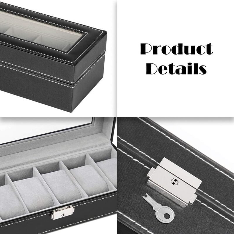 NEX 6 Slots Watch Box Organizer for Men, Black Watch Holder Stand Display Storage Case - Image 4