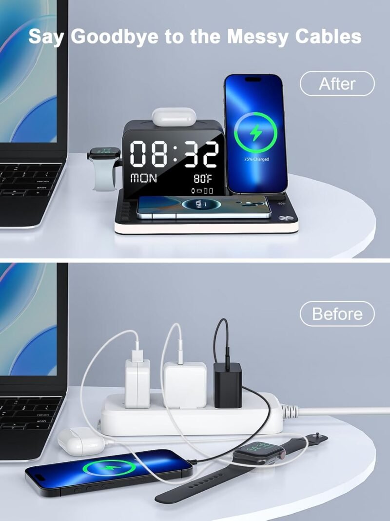 7 in 1 Wireless Charging Station for Apple Device Wireless Charger with Night Light Bluetooth TimeSync Temperature 33W Fast Charger for iPhone 16/15/14/13/12 Pro Max Android Phone Airpods Apple Watch - Image 5