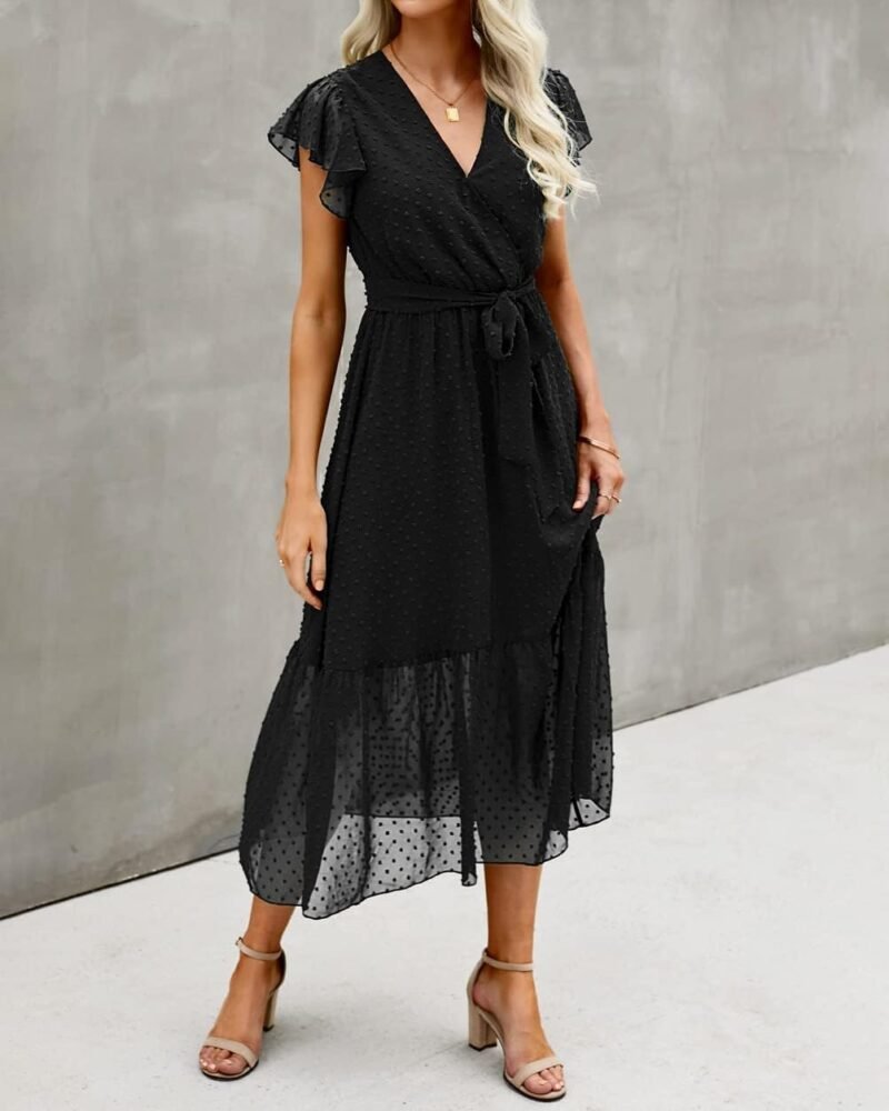 BTFBM Women Summer Bohemian Floral Casual Wrap V Neck Ruffle Cap Sleeveless Belt A-Line Pleated Hem Midi Sun Dress White - Image 3
