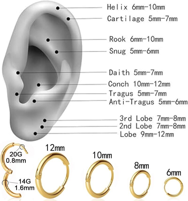 Hypoallergenic 14K Gold Plated Small Hoop Earrings Set for Women & Men - Dainty Stackable Cartilage Earrings for Multiple Piercing, Surgical Stainless Steel Lightweight Huggie Hoops for Sensitive Ears Trendy Jewelry Gift 6/7/8/9/10/12mm (Gold/Silver/Black) - Image 2