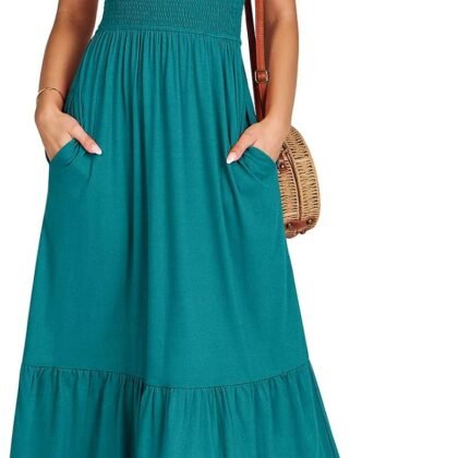 ANRABESS Womens Square Neck Maxi Dress Ruffle Sleeveless Smocked Casual Summer Beach Sundress with Pockets