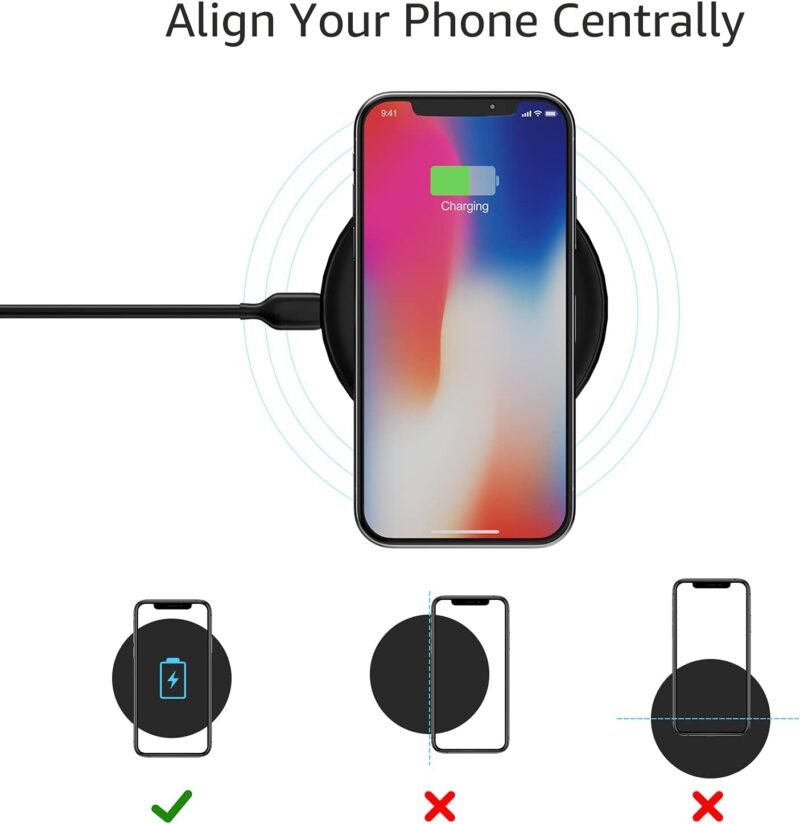 Amazon Basics 15W Qi Certified Wireless Charging Pad for iPhone 16/15/14/13/12/11/X, Samsung and More, with USB Cable, Black - Image 4