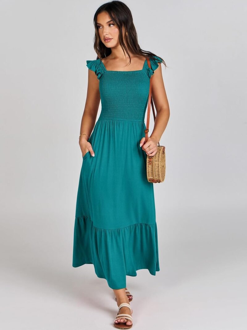 ANRABESS Womens Square Neck Maxi Dress Ruffle Sleeveless Smocked Casual Summer Beach Sundress with Pockets - Image 8