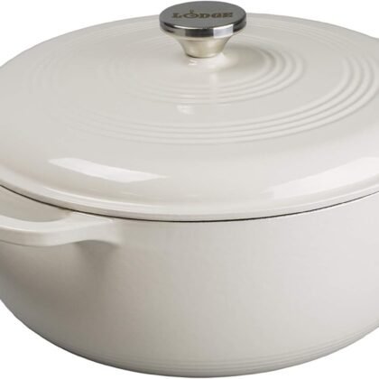 Lodge 7.5 Quart Enameled Cast Iron Dutch Oven with Lid – Dual Handles – Oven Safe up to 500° F or on Stovetop - Use to Marinate, Cook, Bake, Refrigerate and Serve – Oyster White