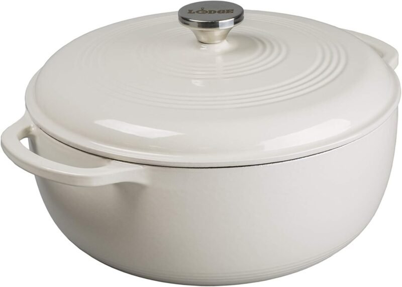 Lodge 7.5 Quart Enameled Cast Iron Dutch Oven with Lid – Dual Handles – Oven Safe up to 500° F or on Stovetop - Use to Marinate, Cook, Bake, Refrigerate and Serve – Oyster White