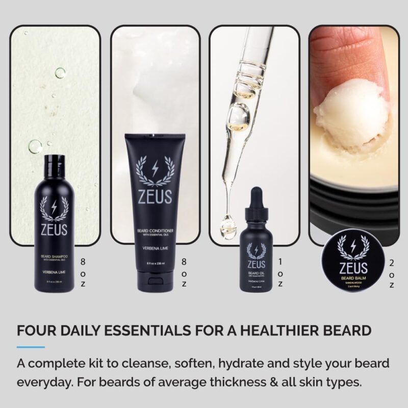 ZEUS Everyday Beard Kit with Tin Gift Box – Beard Wash Shampoo & Conditioner, Natural Beard Oil, Beard Balm & Tin Box (Verbena Lime) - Image 2