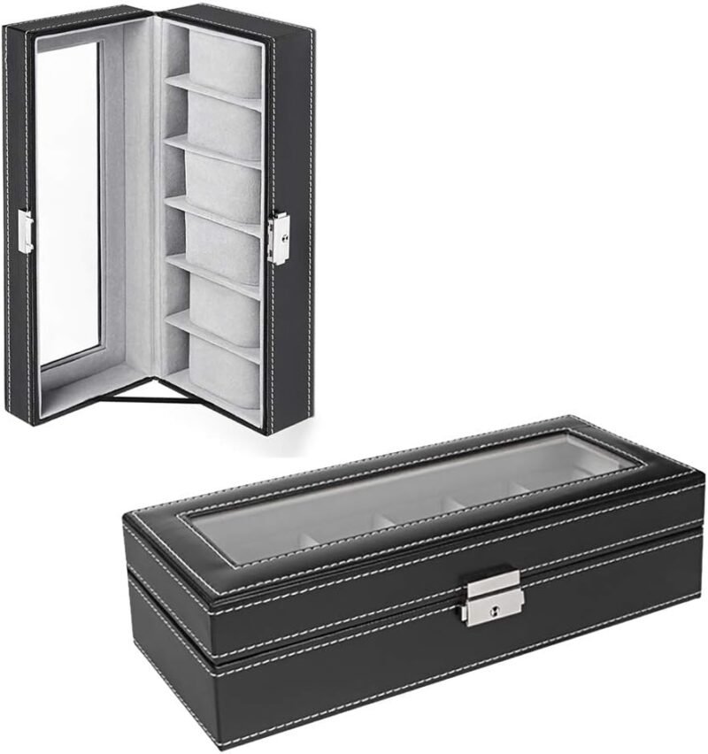 NEX 6 Slots Watch Box Organizer for Men, Black Watch Holder Stand Display Storage Case - Image 6