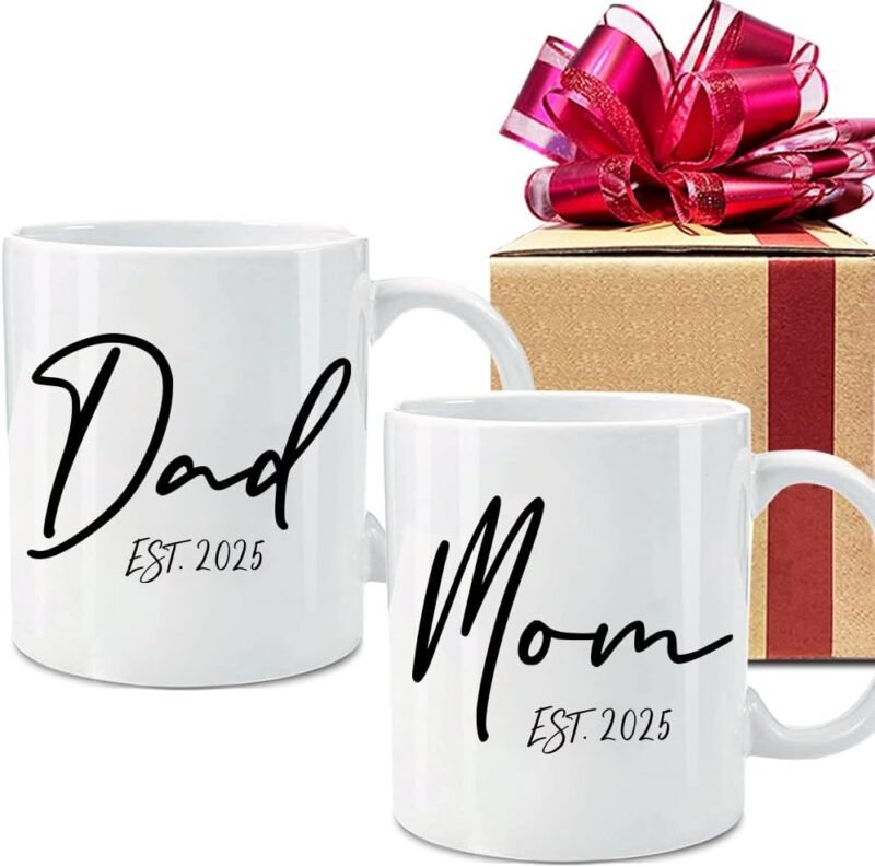 VLUG New Dad & Mom EST 2025 Mugs Gifts Set of 2 11oz, First Time Mom Gift First Time Dad Gift Mug, Mothers Day Fathers Day Gift, New Parents Gift, Pregnancy Announcement Baby Reveal Mug