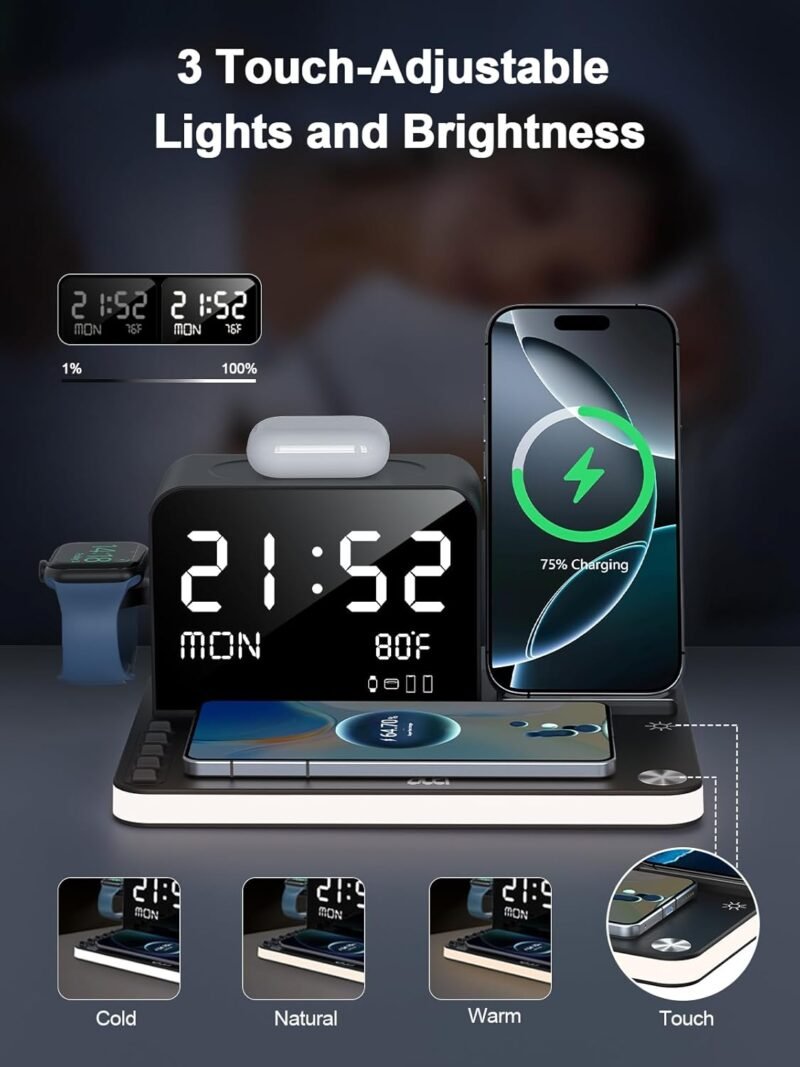 7 in 1 Wireless Charging Station for Apple Device Wireless Charger with Night Light Bluetooth TimeSync Temperature 33W Fast Charger for iPhone 16/15/14/13/12 Pro Max Android Phone Airpods Apple Watch - Image 3