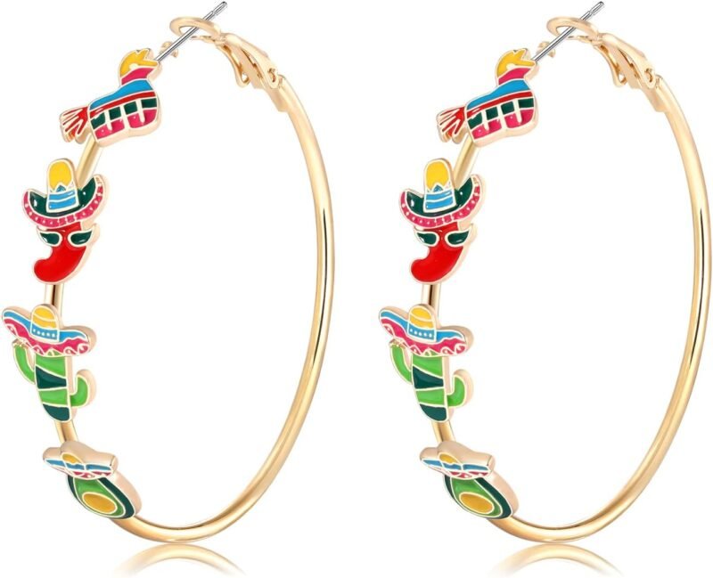 Boderier Gold Hoop Earrings for Women Cinco De Mayo Sombrero Pinata Fiesta Earrings Mexican Holiday Carnival Jewelry Gifts