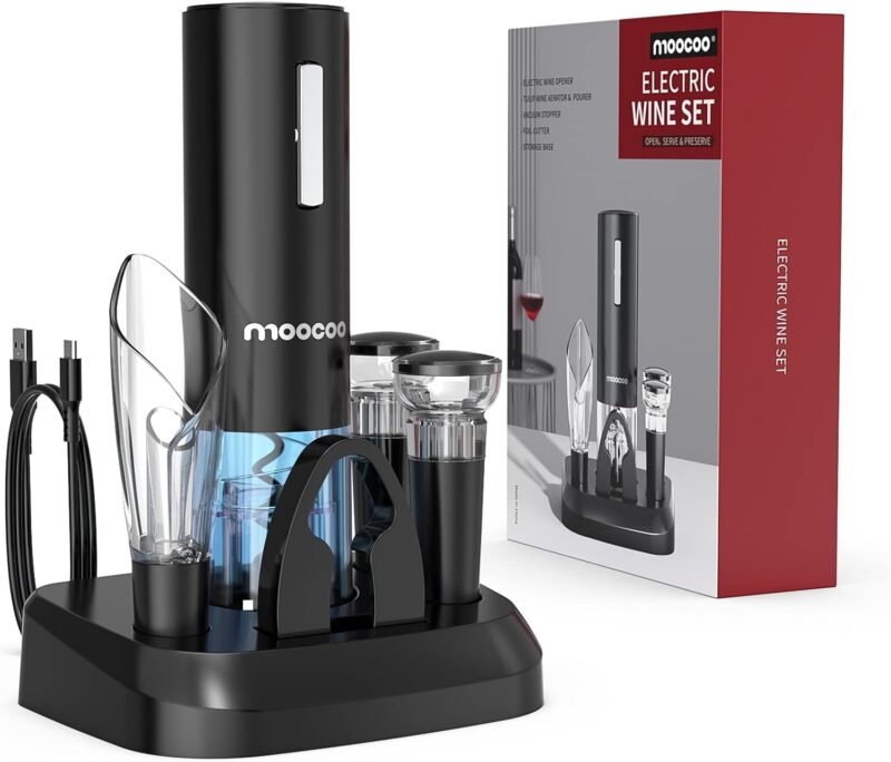 Electric Wine Opener with Charging Base, Cordless Electric Wine Bottle Opener with 2-in-1 Aerator &Pourer, Foil Cutter, 2 Vacuum Preservation Stoppers, Display Charging Station for Easy Storage