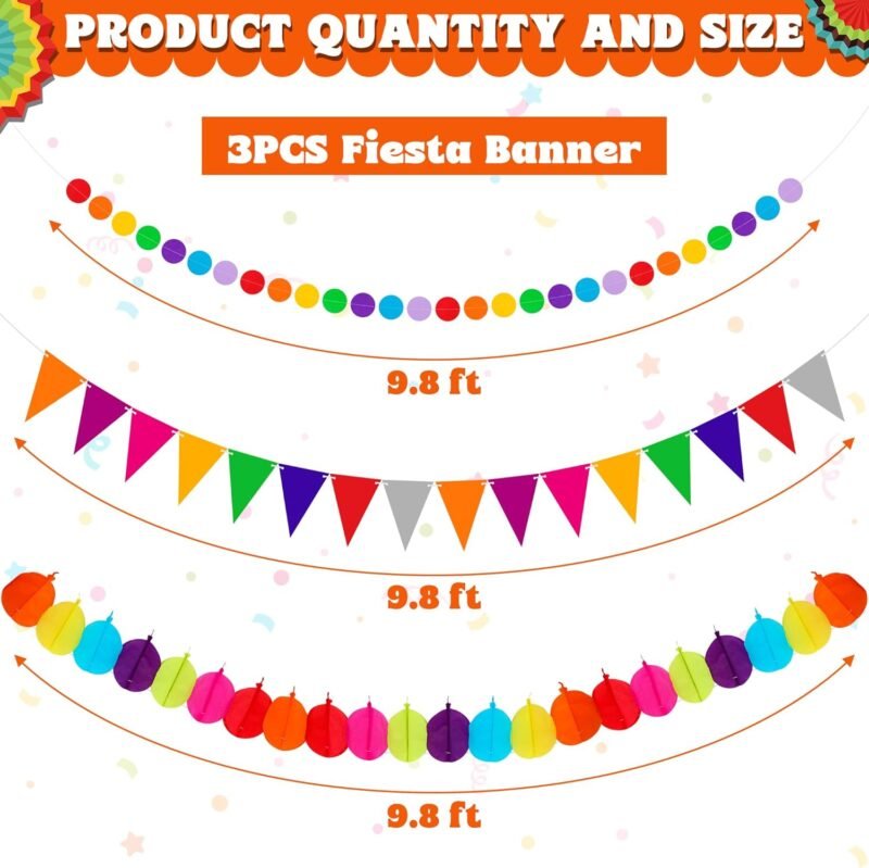 35 PCS Cinco de Mayo Decorations, Fiesta Party Decorations, Cinco de Mayo Banner Paper Fans Tissue Pompom Hanging Swirls Garland String for Fiesta Mexican Party Decorations Favors Supplies Decor - Image 3