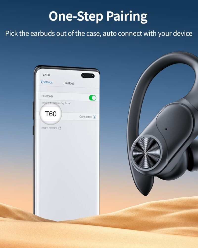 PocBuds Bluetooth Headphones Wireless Earbuds 80hrs Playtime Wireless Charging Case Digital Display Sports Ear Buds with Earhook Deep Bass IPX7 Waterproof Over-Ear Earphones for TV Phone Laptop Black - Image 4