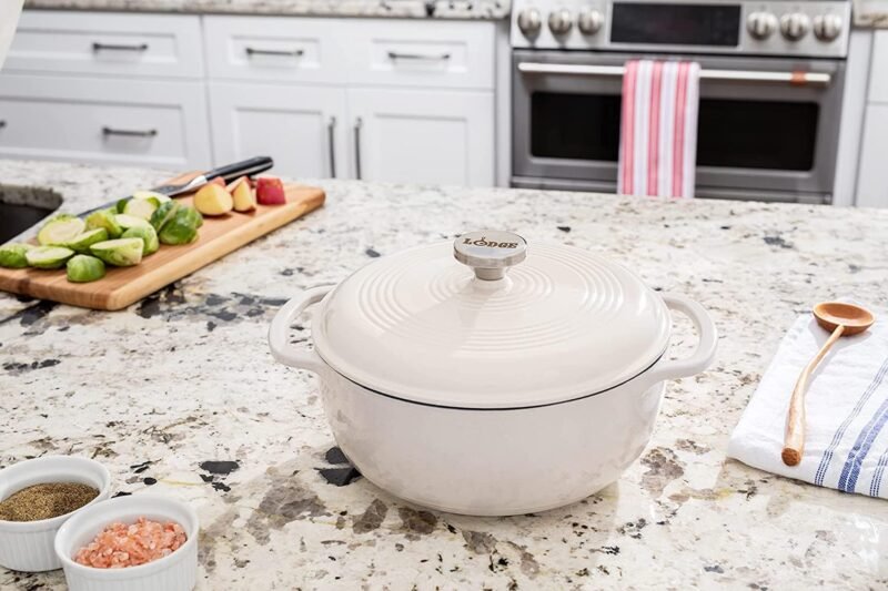 Lodge 7.5 Quart Enameled Cast Iron Dutch Oven with Lid – Dual Handles – Oven Safe up to 500° F or on Stovetop - Use to Marinate, Cook, Bake, Refrigerate and Serve – Oyster White - Image 2