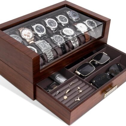 High End Watch Box for Men, 12 Slot Wooden Watch Case With Drawer, Watch Display Box with Glass Lid, 2-Layer Watch Holder for Jewelry and Watch Storage for Men Women , Ideal for Gift (With Gift Box)