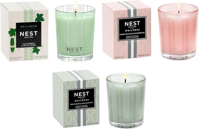 NEST New York Scented Votive Candle Wellness Bundle - Includes Cucumber & White Sage, Himalayan Salt & Rosewater, and Wild Mint & Eucalyptus - 2 oz Each