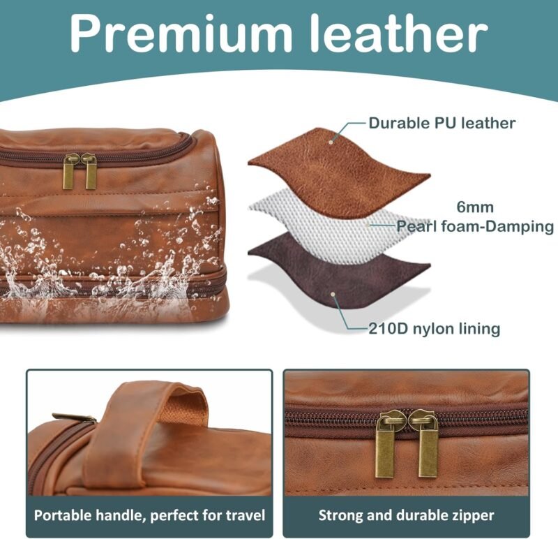 Toiletry Bag for Men, Leather Travel Bag, Waterproof Dopp Kit, Gifts for Him, Boyfriend, Groomsmen, Dad, Traveler, Boys, Grandpa - Image 3
