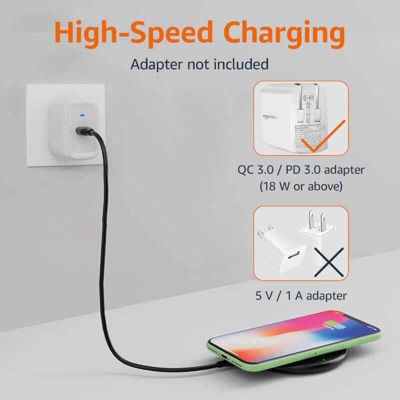 Amazon Basics 15W Qi Certified Wireless Charging Pad for iPhone 16/15/14/13/12/11/X, Samsung and More, with USB Cable, Black - Image 3