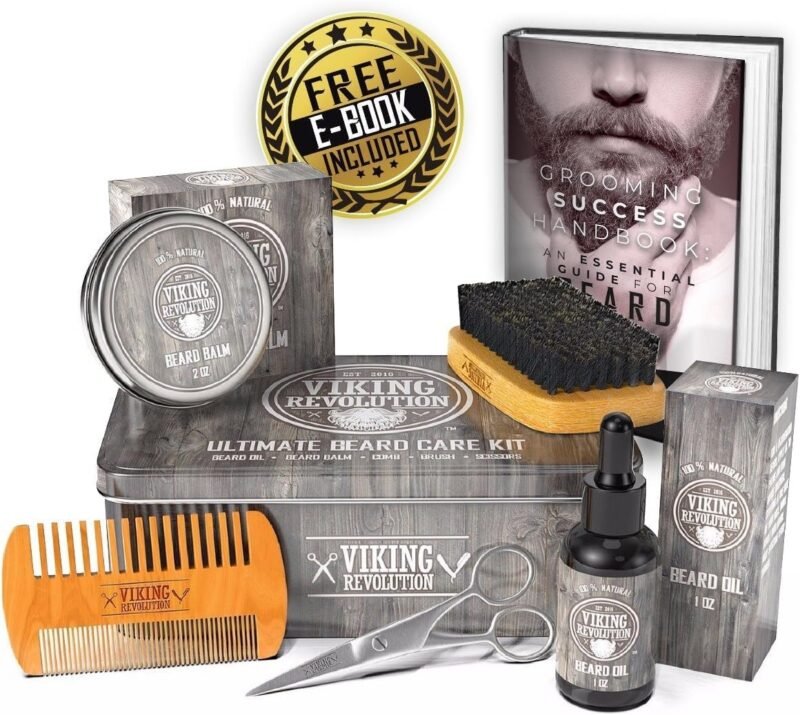 Viking Revolution Beard Care Kit for Men - Kit includes 100% Boar Beard Brush, Wooden Comb, Beard Balm, Beard Oil, Beard & Mustache Scissors in a Metal Box - Image 5