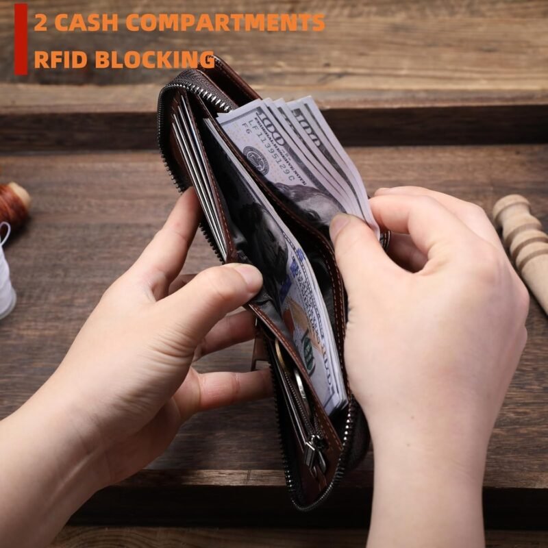 BULLCAPTAIN Genuine Leather Men's Wallet with Zipper Vintage RFID Blocking Large Capacity Wallet for Men with 14 Credit Card Slots and 1 ID Window T23 (Coffee) - Image 5