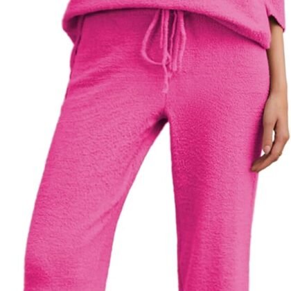 Ekouaer Pajamas for Women 2 Piece Lounge Set Fuzzy Fleece Long Sleeve Pullover Sweater Top Wide Leg Pants Set Outfits S-XXL