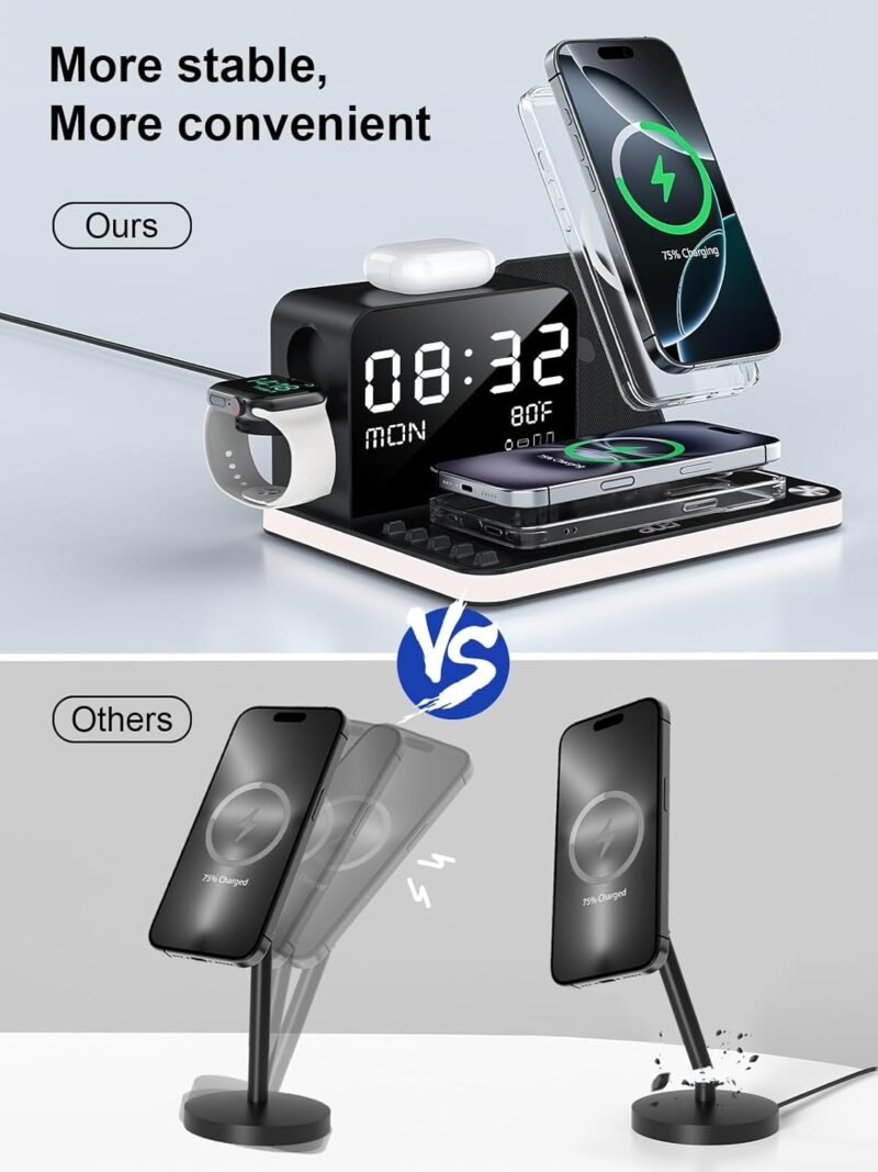 7 in 1 Wireless Charging Station for Apple Device Wireless Charger with Night Light Bluetooth TimeSync Temperature 33W Fast Charger for iPhone 16/15/14/13/12 Pro Max Android Phone Airpods Apple Watch - Image 7
