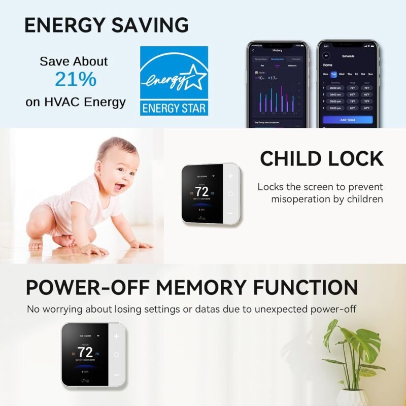 Vine Thermostat for Home with Touchscreen Color Display, WiFi Smart Thermostat Compatible with Alexa and Google Assistant, 7day/8period Programmable, Energy Saving, C-Wire Required, Screen Size 2.8" - Image 5