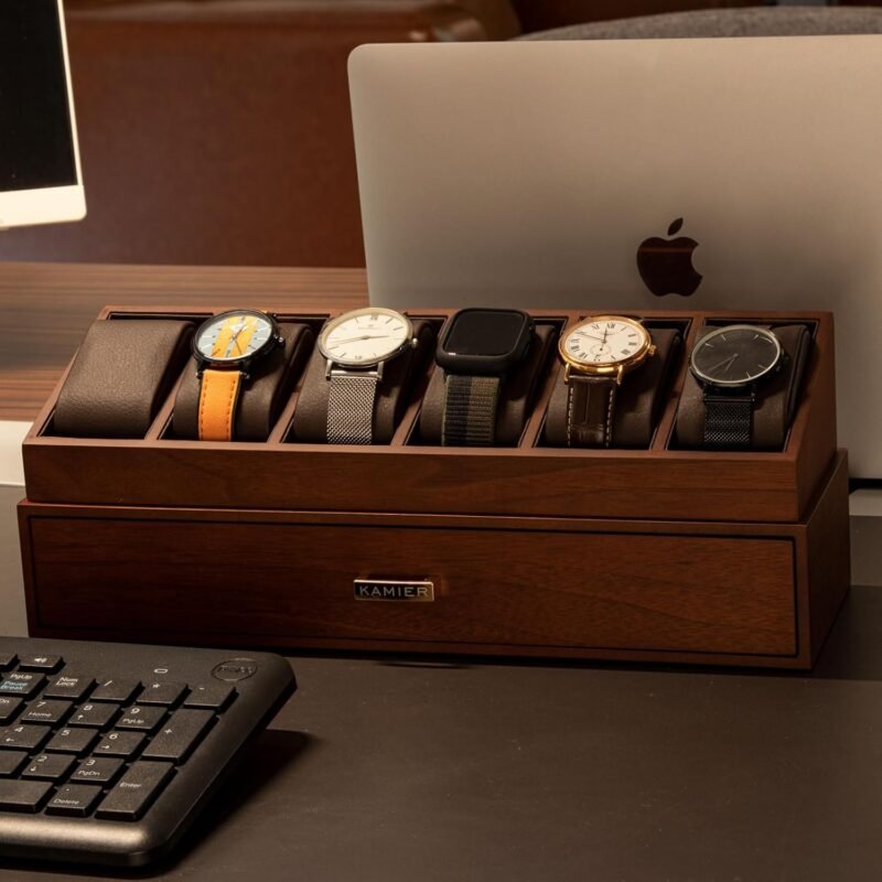 KAMIER High End Wooden Watch Box with 6 Slots & Glass Lid - 2-Layer Jewelry Organizer for Men - Watch Display Case, Ideal Business Gift for Watch Enthusiasts （with Gift Box）, Walnut - Image 2