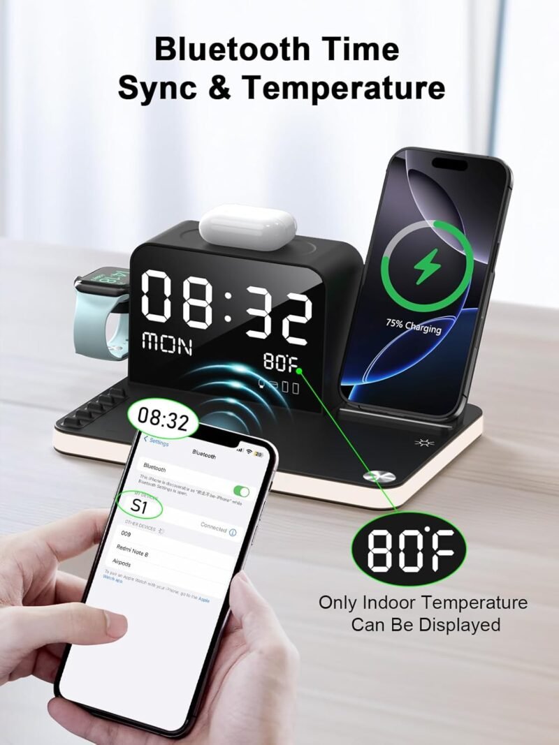 7 in 1 Wireless Charging Station for Apple Device Wireless Charger with Night Light Bluetooth TimeSync Temperature 33W Fast Charger for iPhone 16/15/14/13/12 Pro Max Android Phone Airpods Apple Watch - Image 4