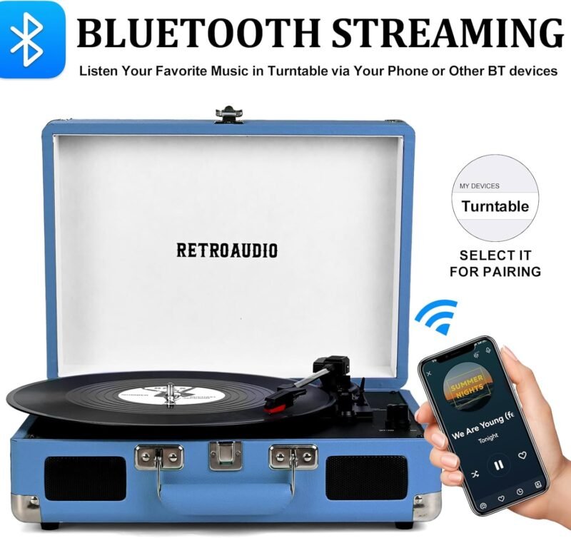 Vinyl Record Player Bluetooth Vintage Portable Suitcase Turntable with Built-in Speakers 3-Speed Belt-Driven Record Player Support RCA Output and Headphone Output - Image 2